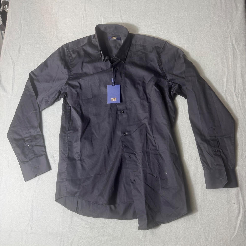 Cavalli Class Slim Fit Logo‎ Shirt Black OXT705 FN004 Mens Size 16.5 42 NEW